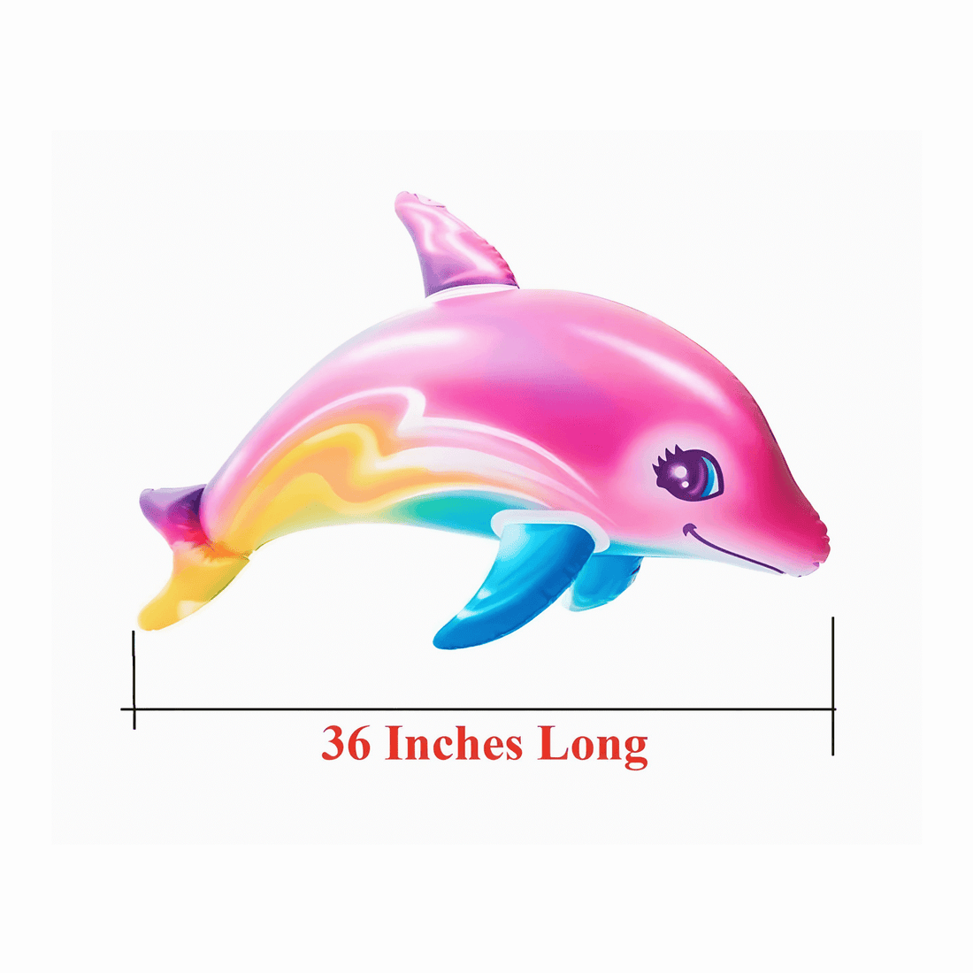 Rainbow dolphin inflatable pool toy, 36 inches long, perfect for summer fun and beach parties.