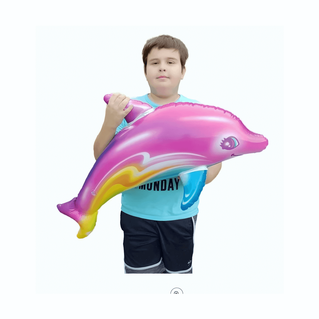 Child holding a vibrant pink rainbow dolphin inflatable pool toy, perfect for summer fun.
