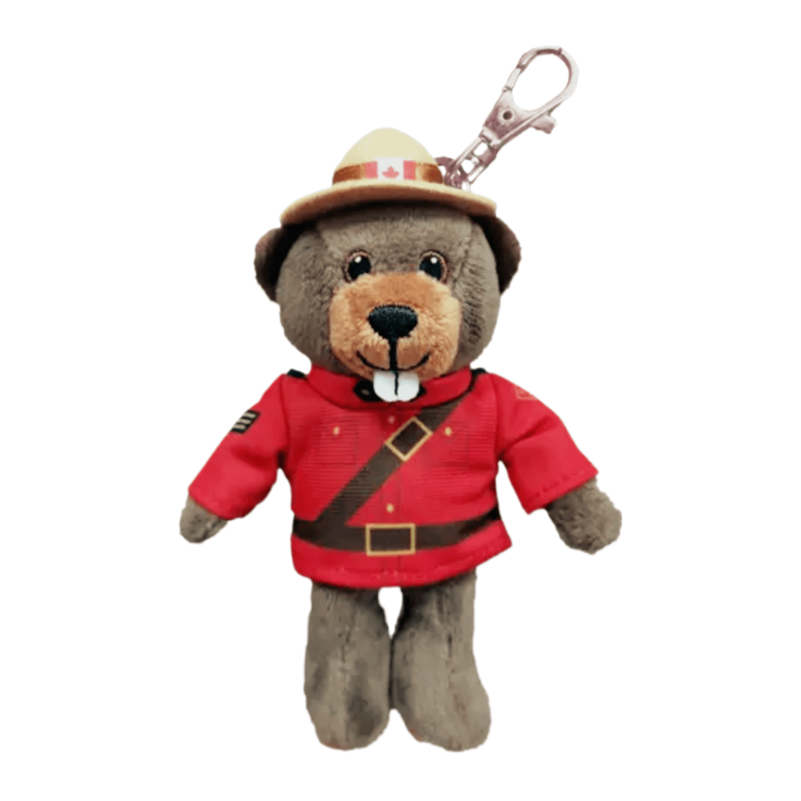 RCMP Beaver plush keychain with zipper pull, dressed in red Mountie uniform, perfect for backpacks and travel.