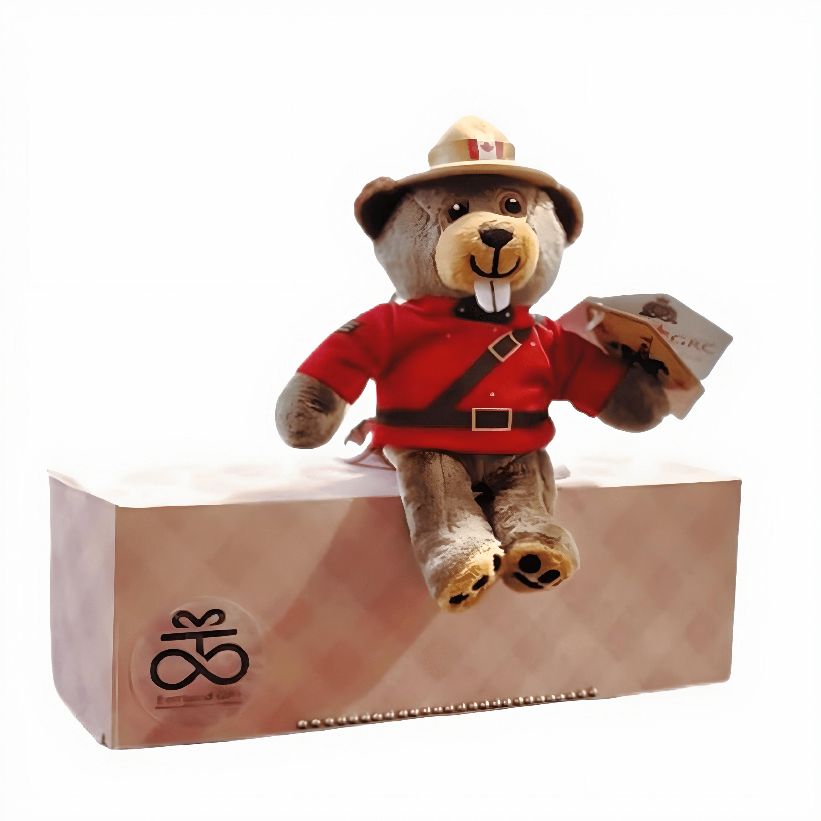RCMP Beaver keychain plush toy in red Mounted Police uniform, perfect for backpacks and zippers with Canadian pride.