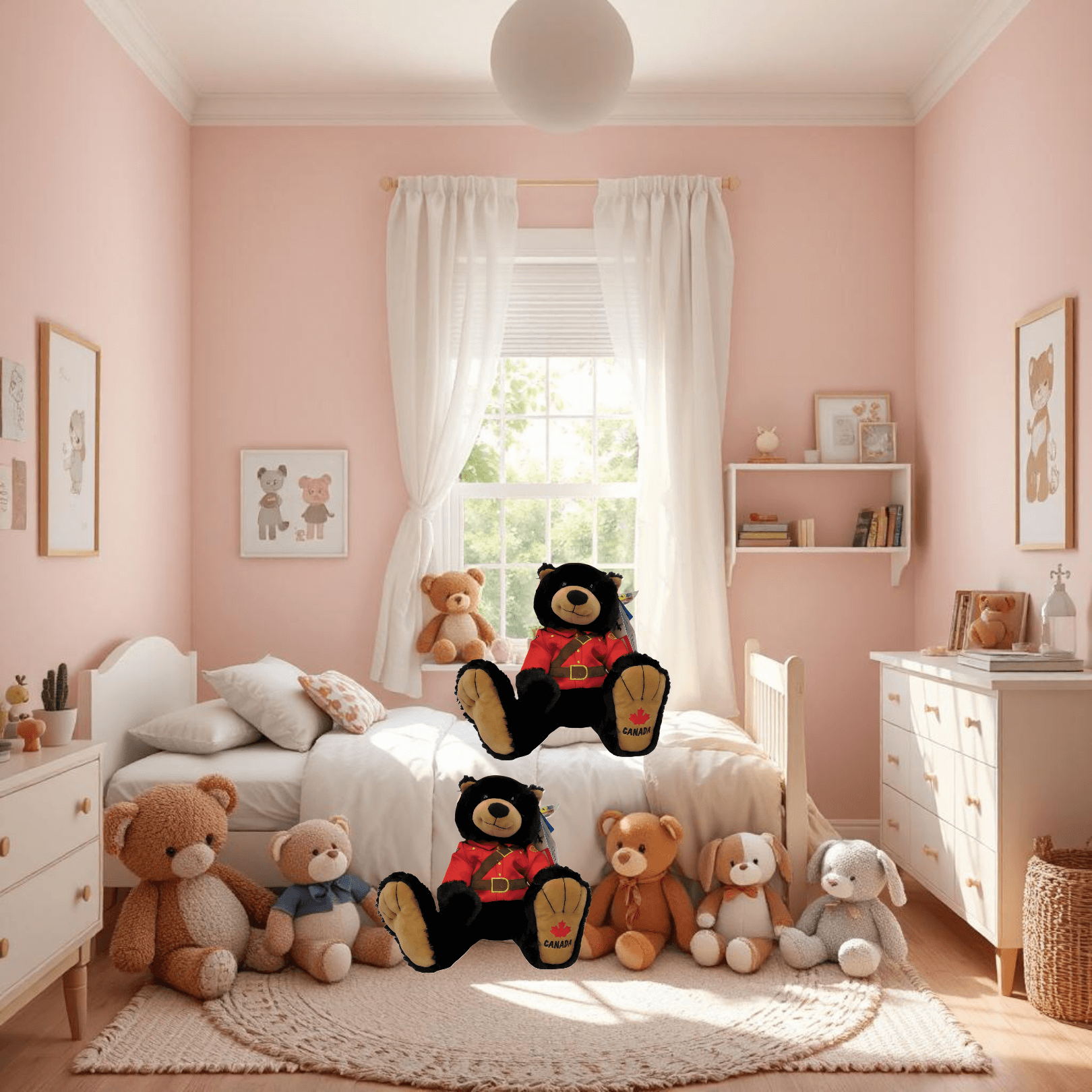 RCMP Bigfoot Bear Plush Toy sits with other stuffed animals in a cozy pink-themed bedroom.