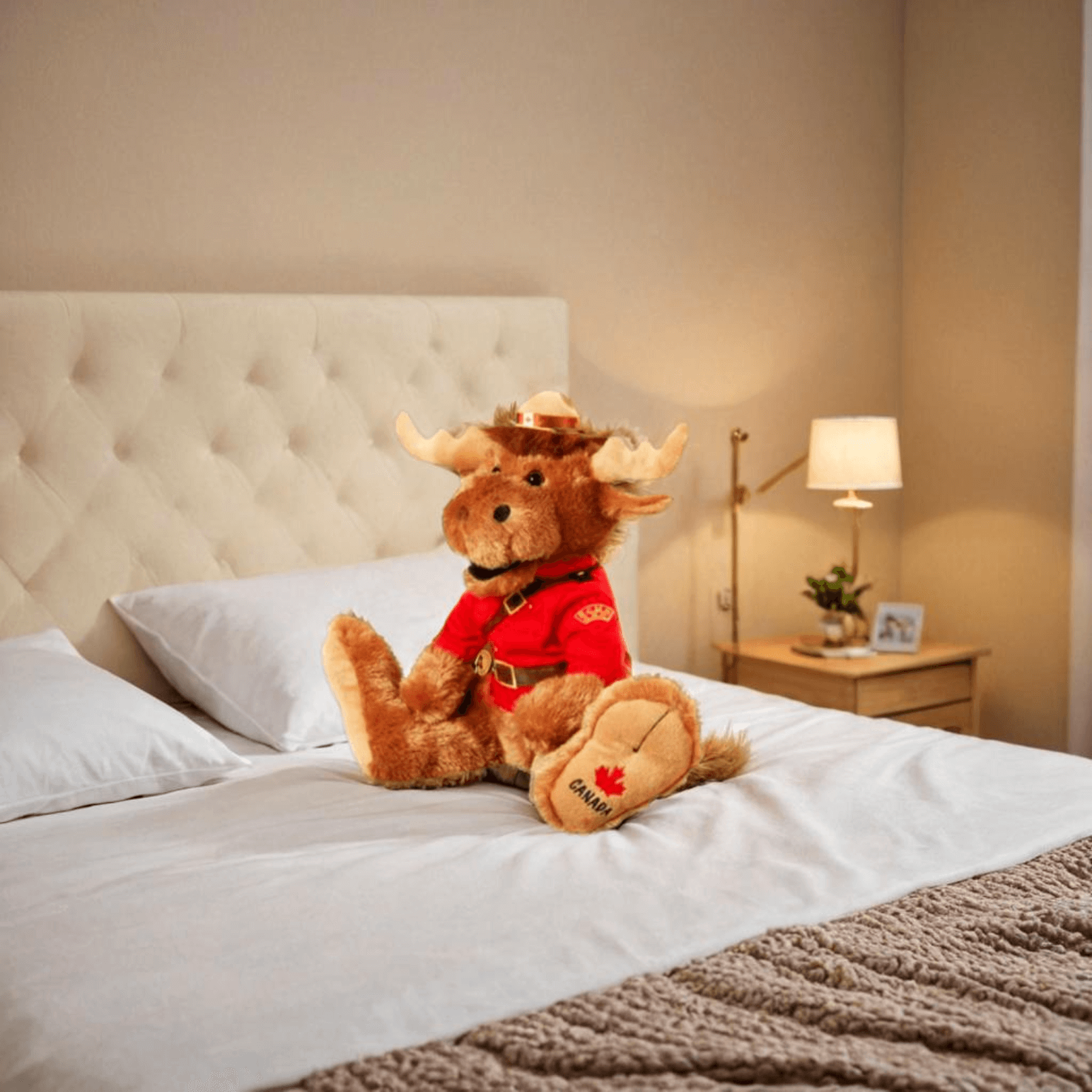 RCMP BigFoot Moose plush toy sitting on a bed, wearing Mountie uniform, perfect cuddle buddy for adventures.