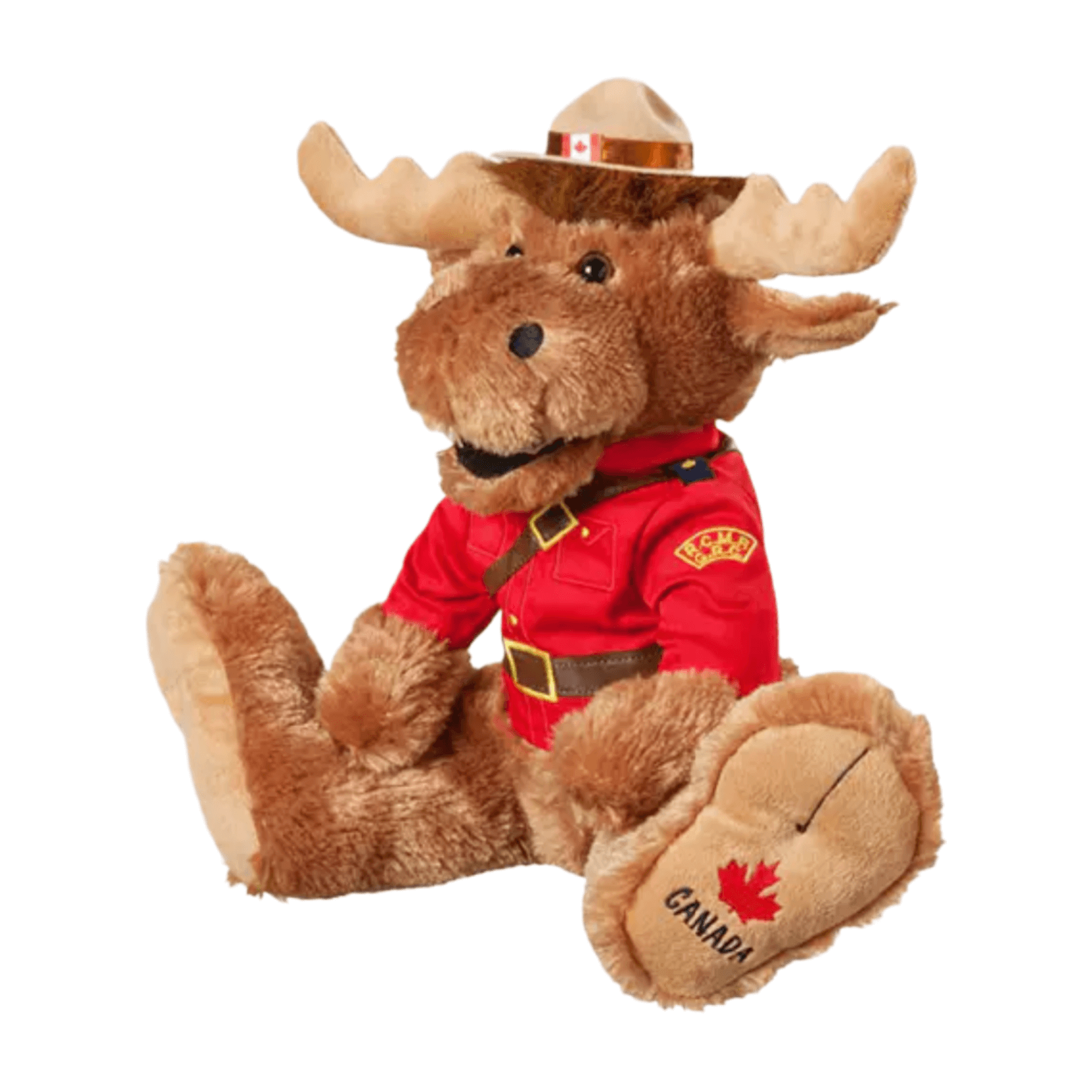 RCMP BigFoot Moose plush toy in Mountie uniform, perfect for cuddles and adventures, 14 inches tall.