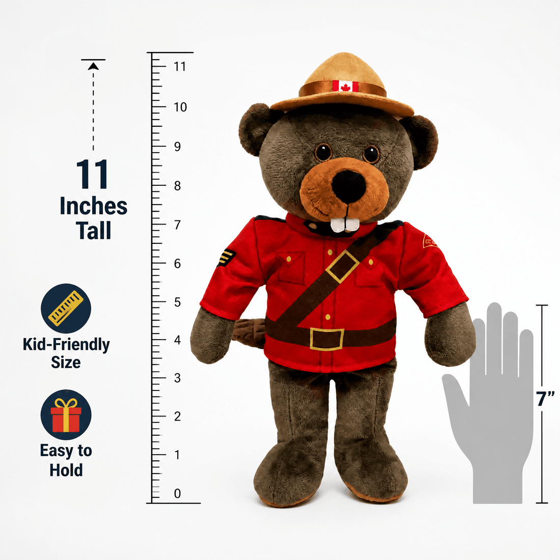 RCMP Sergeant Beaver Plush Toy shown at 11 inches tall with kid-friendly size and easy-to-hold proportions.