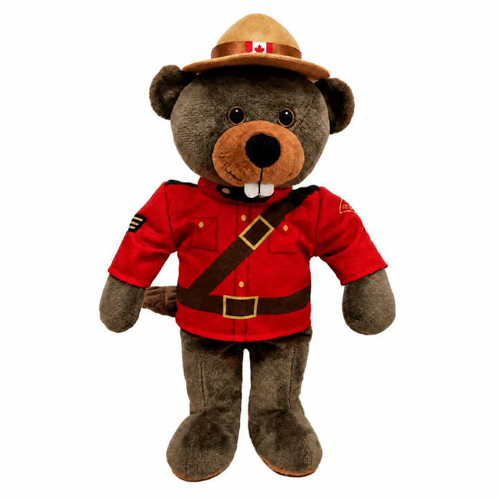 RCMP Sergeant Beaver Plush Toy wearing a red Mountie uniform and tan hat with Canadian flag detail.