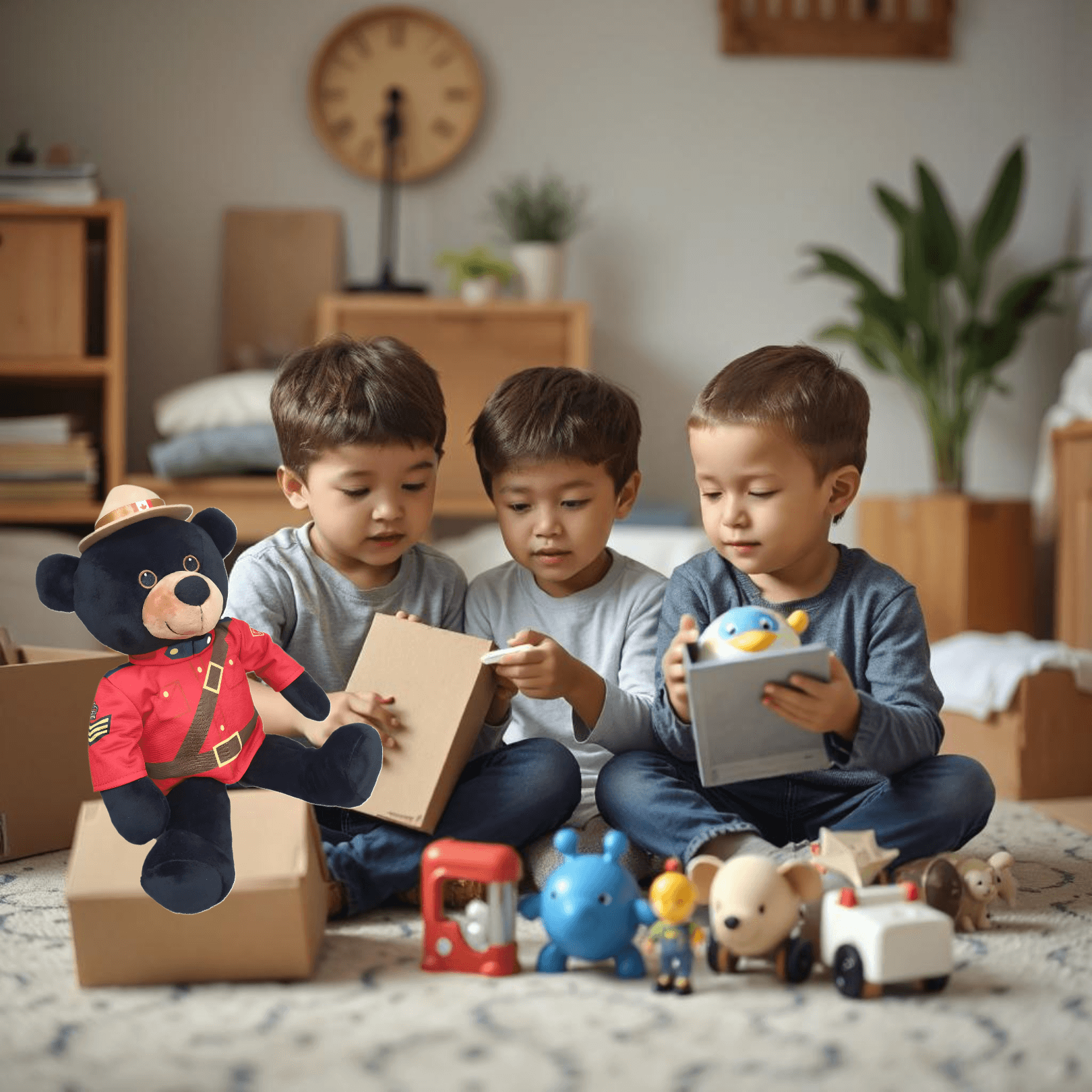 Three children playing with toys, featuring an RCMP Sergeant Black Bear plush dressed in a red uniform.