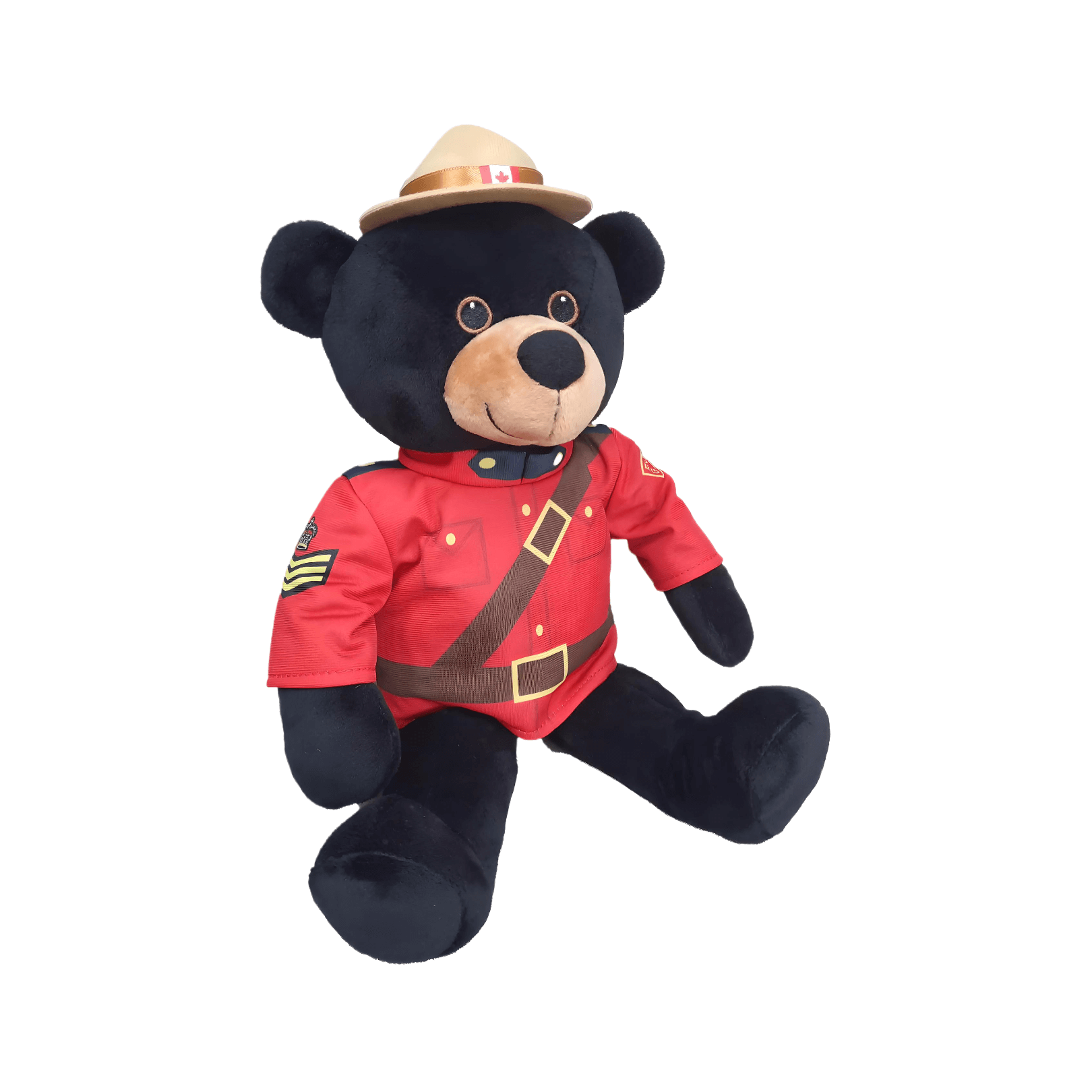 RCMP Sergeant Black Bear plush toy dressed in red serge uniform, 14 inches tall, celebrating Canadian pride.