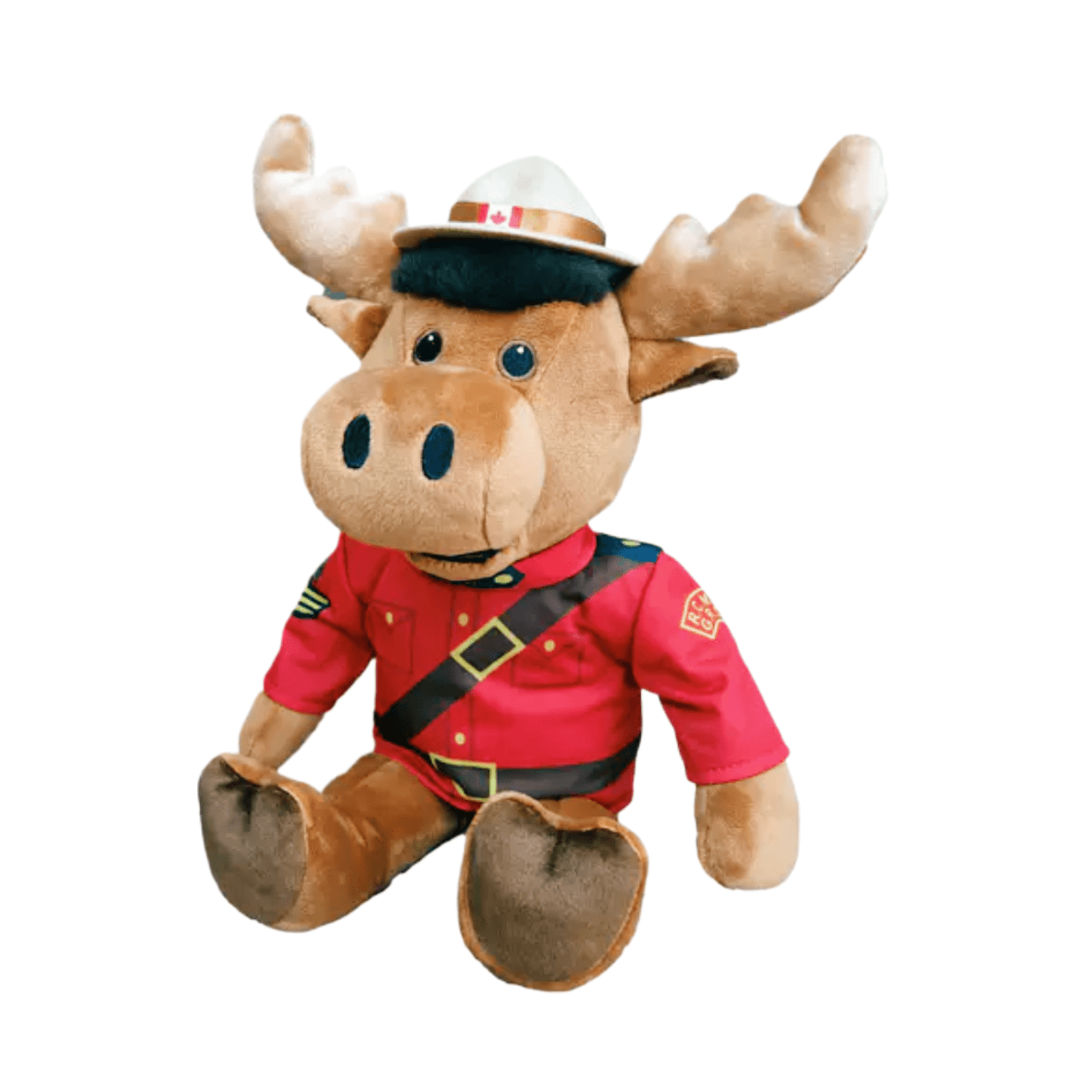 RCMP Sergeant Moose plush toy in red serge uniform, a collectible Canadian souvenir showing heritage.