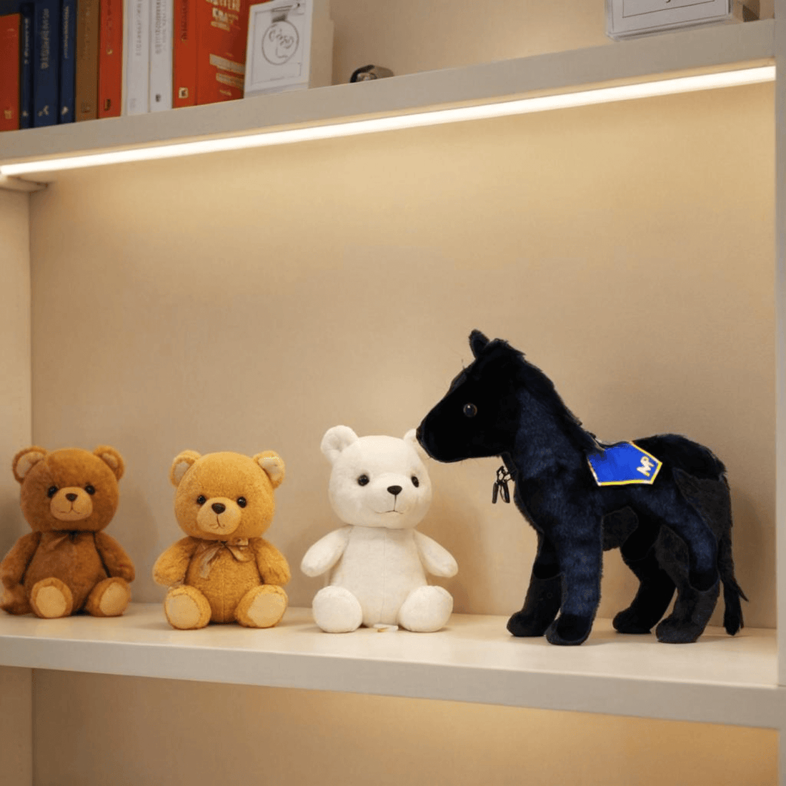 RCMP Standing Plush Horse displayed on a shelf beside teddy bears, showing its black plush body and blue RCMP saddle blanket.