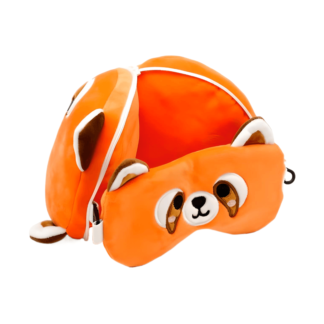 Red Panda Travel Plush set including a cozy neck pillow and eye mask for comfortable travel.