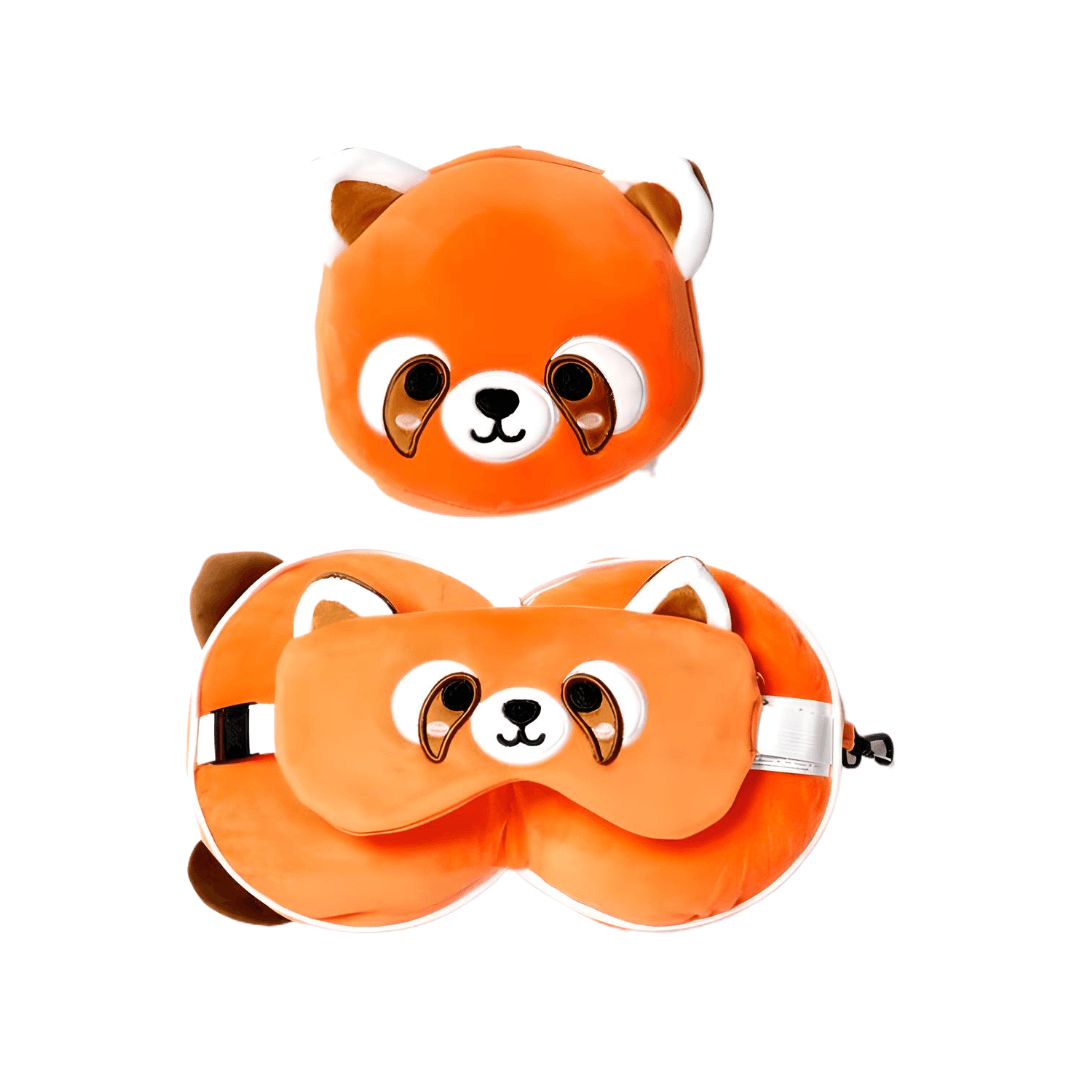 Red Panda Travel Plush set featuring a soft neck pillow and eye mask for comfort during travel.