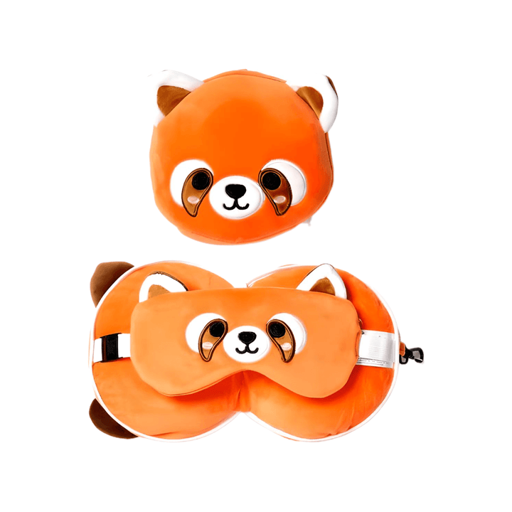Red Panda Travel Plush set featuring a soft neck pillow and eye mask for comfort during travel.