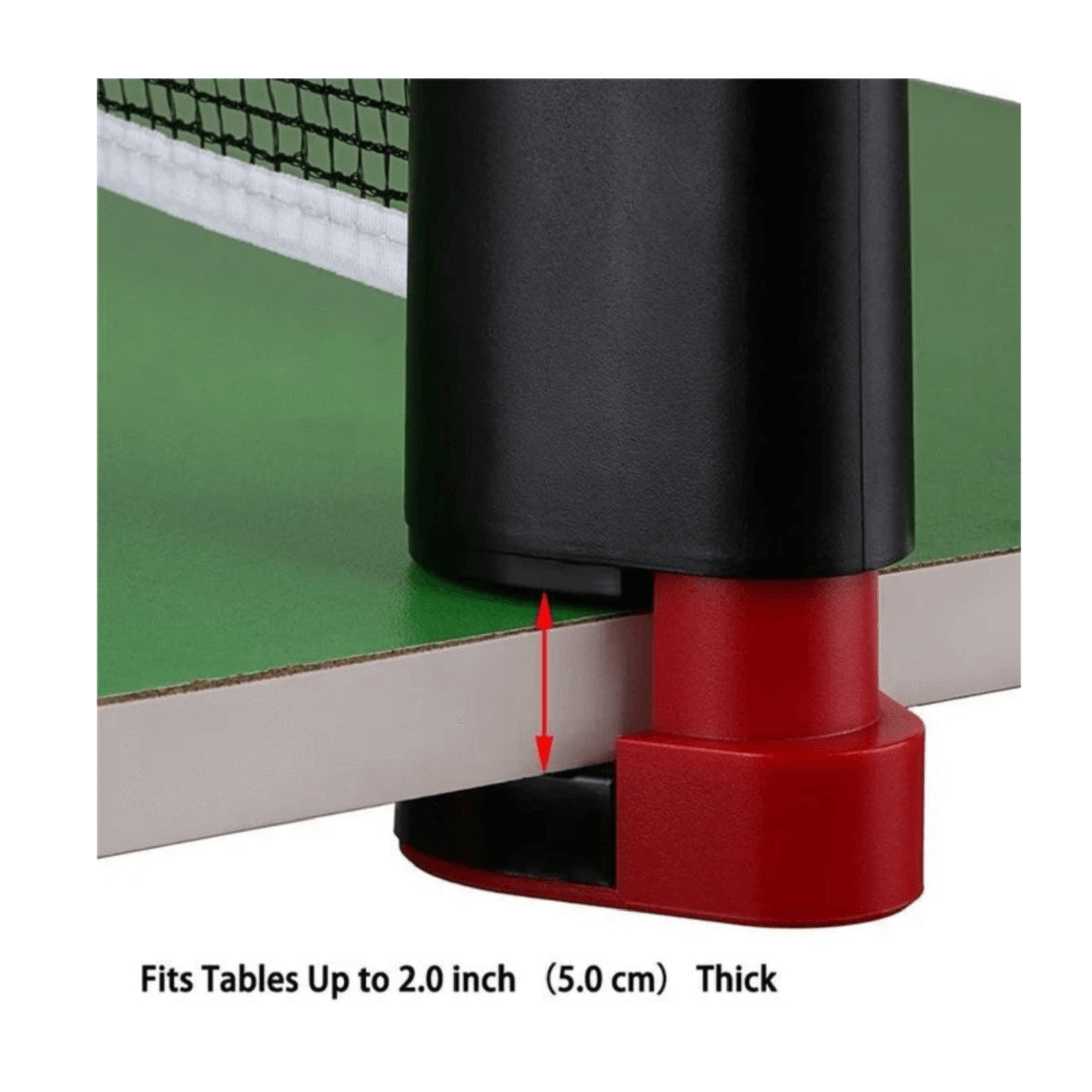 Close-up of retractable ping pong net fitting, compatible with tables up to 2 inches thick.