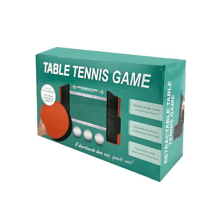 Retractable tabletop ping pong set packaging showing portable design for easy travel and fun play anywhere.