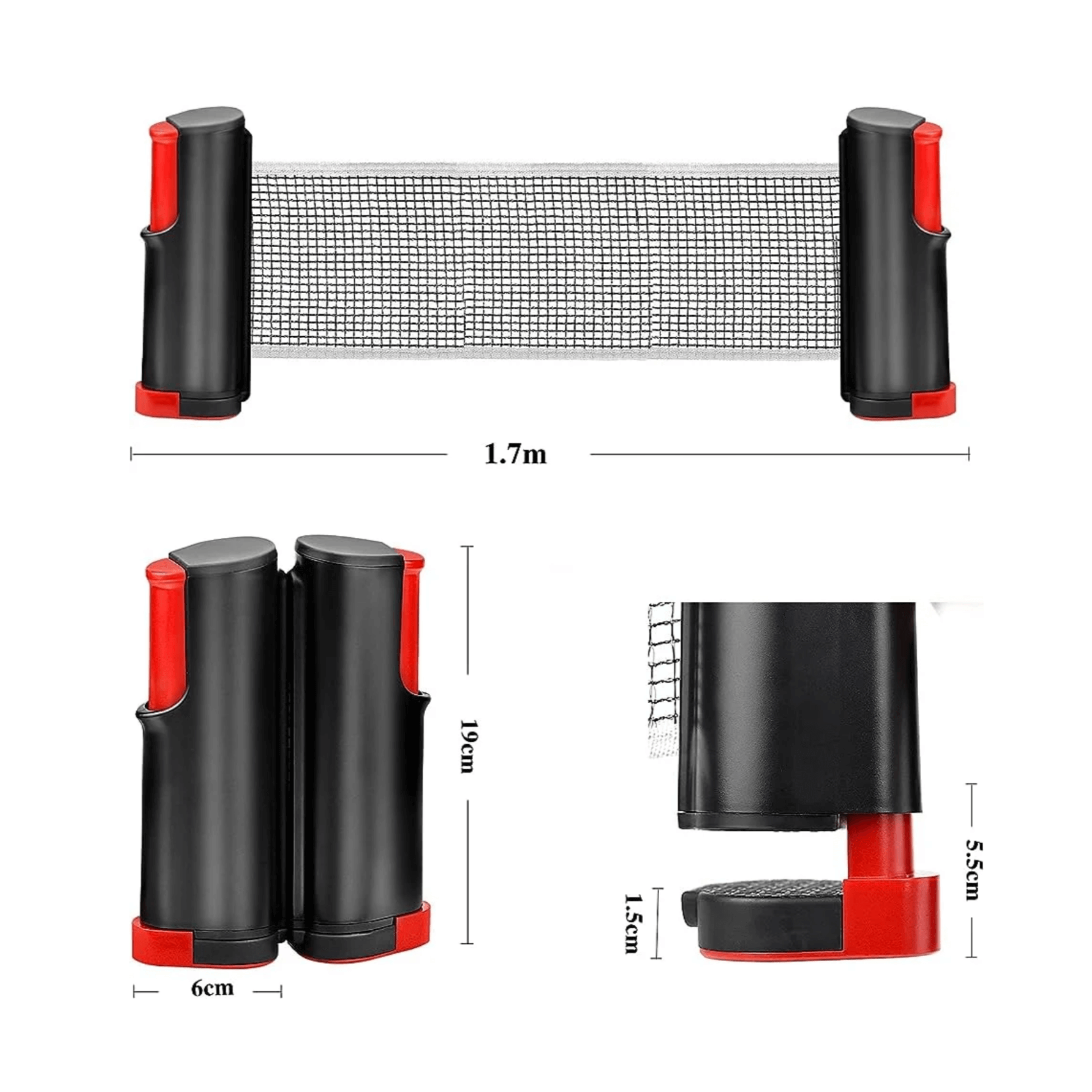 Retractable tabletop ping pong net set with portable clamps and measurements for easy setup and play anywhere.