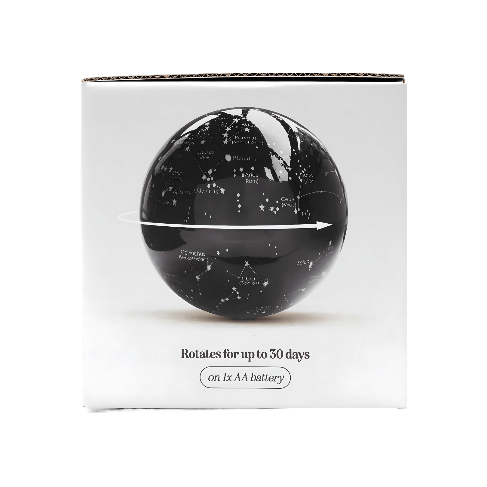Revolving Night Sky Globe packaging showing rotation details and battery information.