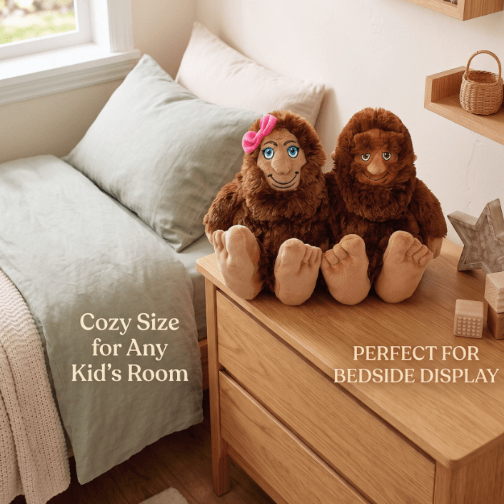 Sasquatch Sweethearts Plush Gift Set on a bedside table, featuring cozy and playful stuffed duo perfect for kids' rooms.