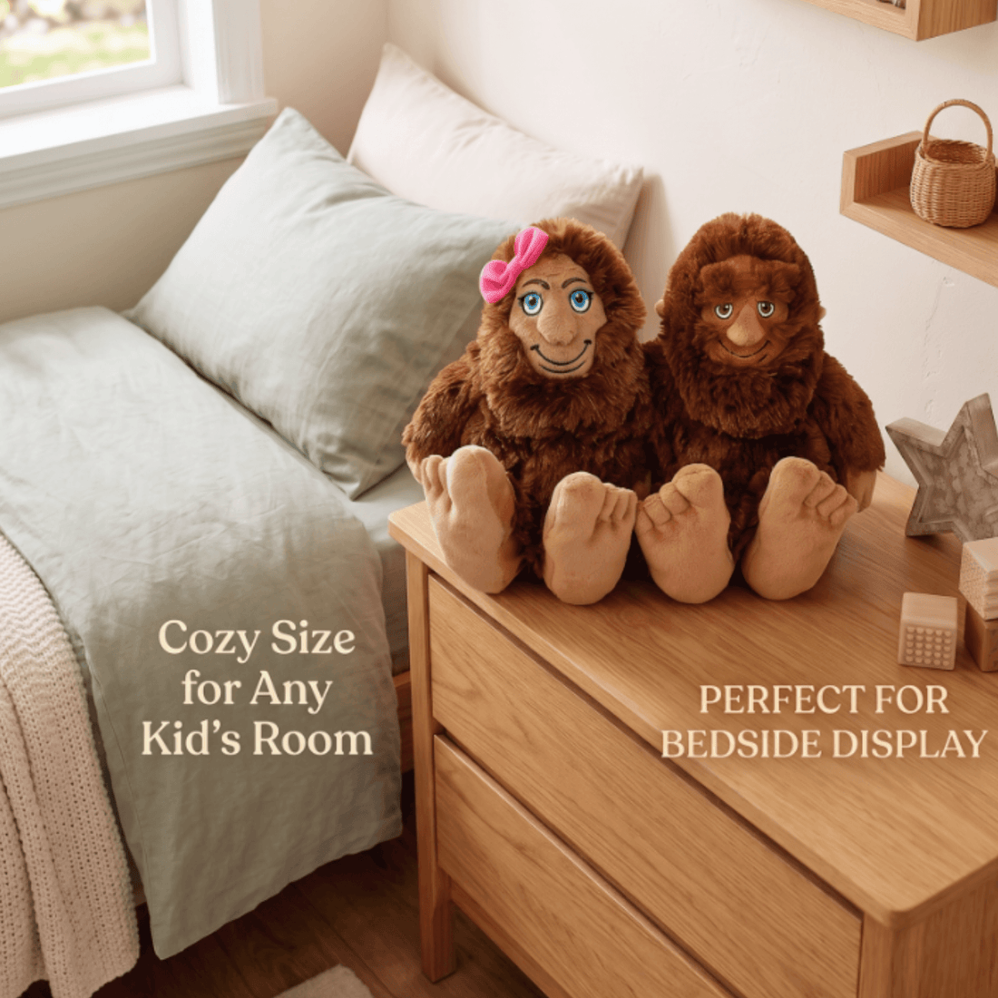 Sasquatch Sweethearts Plush Gift Set on a bedside table, featuring cozy and playful stuffed duo perfect for kids' rooms.