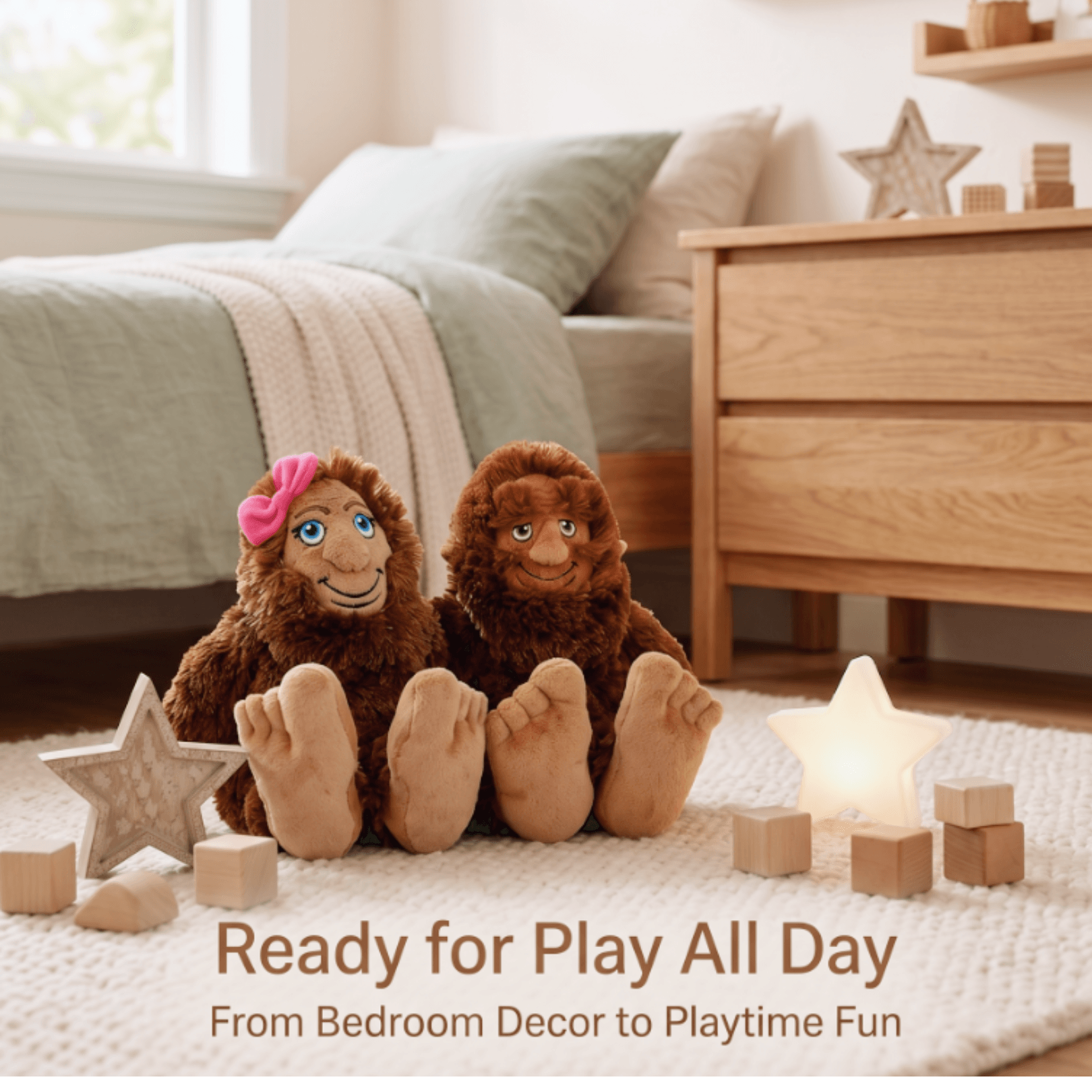 Sasquatch sweethearts plush gift set displayed in a cozy room, perfect for playful decor and fun.