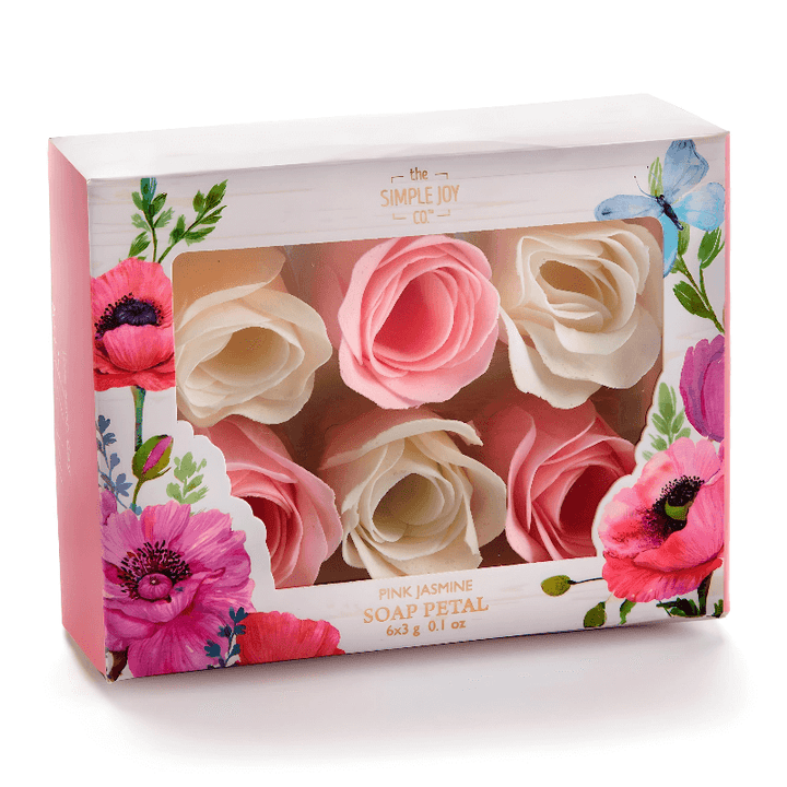 Gift boxed soap petals in pink jasmine scent, featuring flower-shaped soaps for a beautiful display.