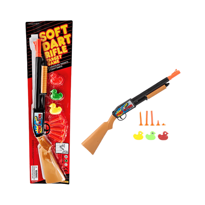Soft Dart Rifle Target Game 19" packaged with pump-action rifle, soft darts, and duck targets.