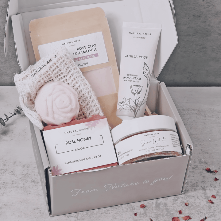 Spa Bath Body Gift Set with natural skincare products, including soap and hand cream, arranged in a stylish box.