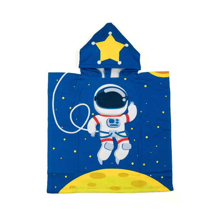 Colorful Space Kids Hooded Towel featuring an astronaut and star design, perfect for bath time fun.