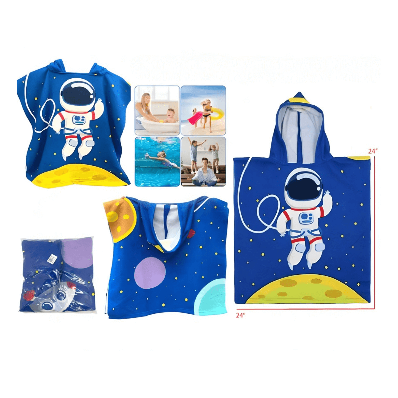 Space Kids Hooded Towel featuring astronaut design, perfect for bath and swim time adventures.