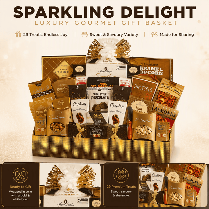 Sparkling Delight Luxury Gourmet Gift Basket featuring 29 sweet and savoury treats, beautifully arranged for sharing.