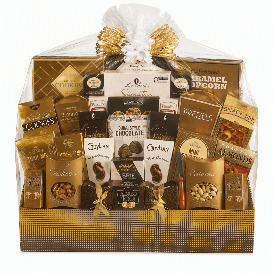 Sparkling Delight Luxury Gourmet Gift Basket featuring assorted treats like cookies, chocolates, popcorn, and nuts.