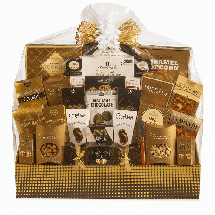 Sparkling Delight Luxury Gourmet Gift Basket featuring assorted treats like cookies, chocolates, popcorn, and nuts.