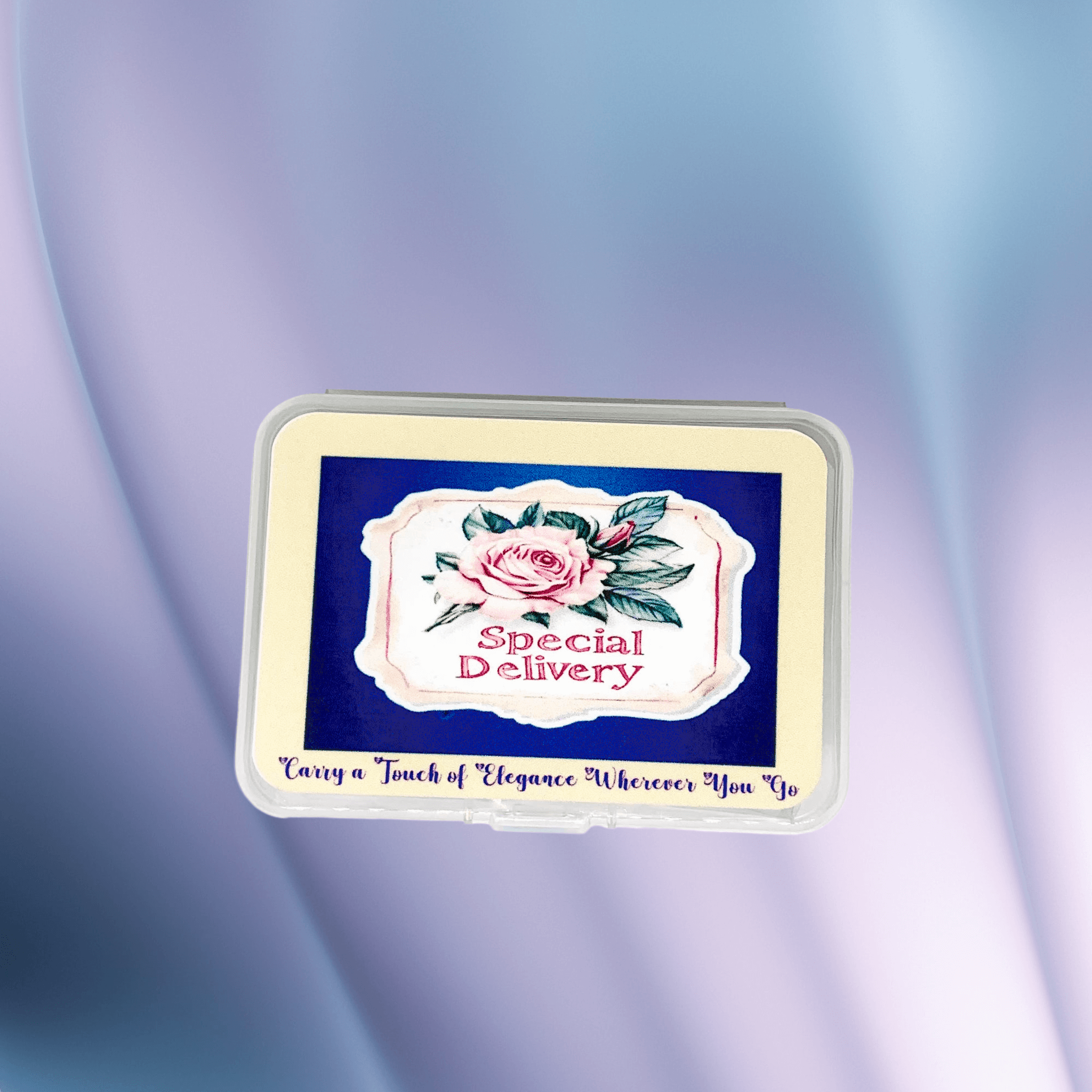 Special Delivery box with rose design, text reads 'Carry a Touch of Elegance Wherever You Go'.