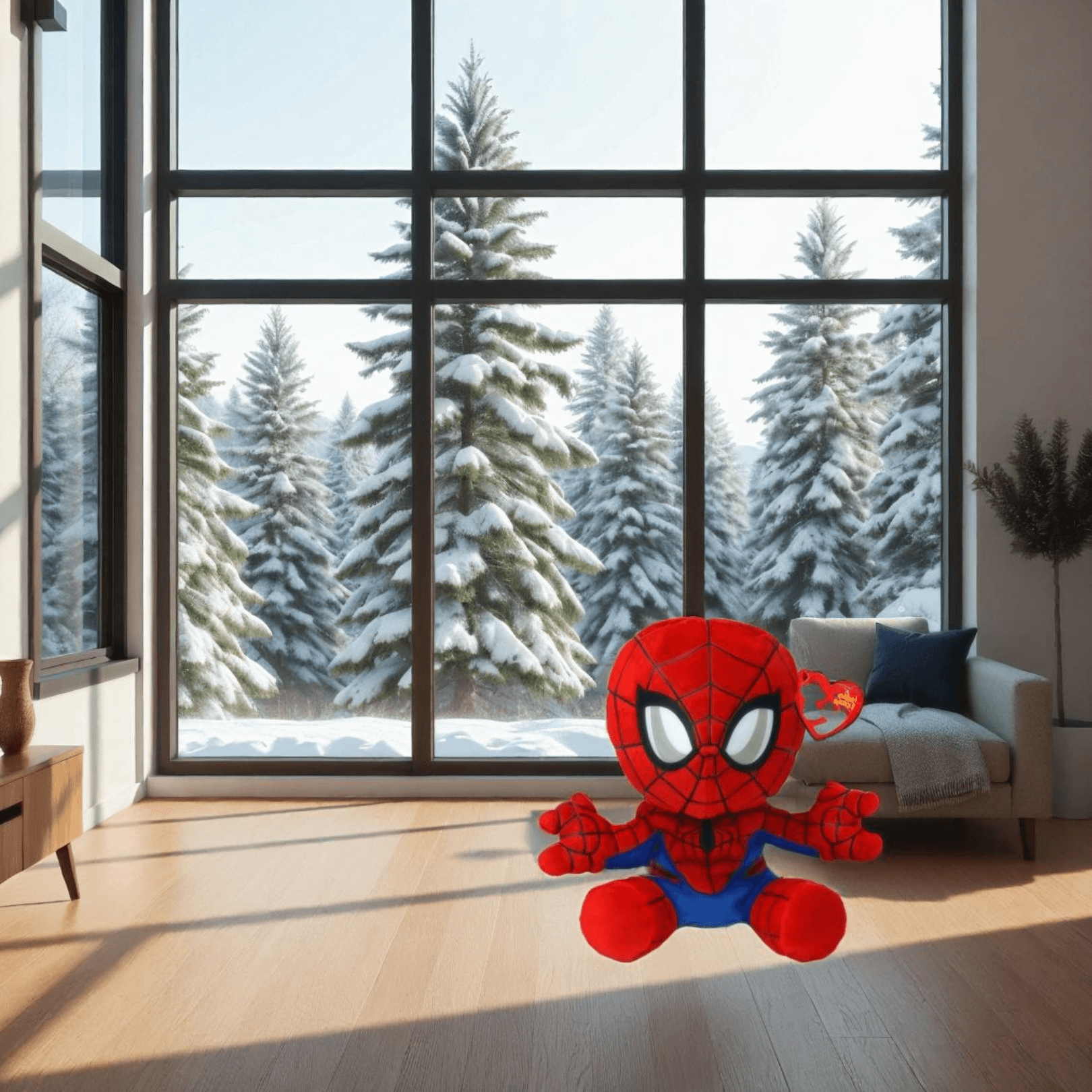Spider-Man TY Plush soft 8-inch Marvel hero doll staged in home decor scene