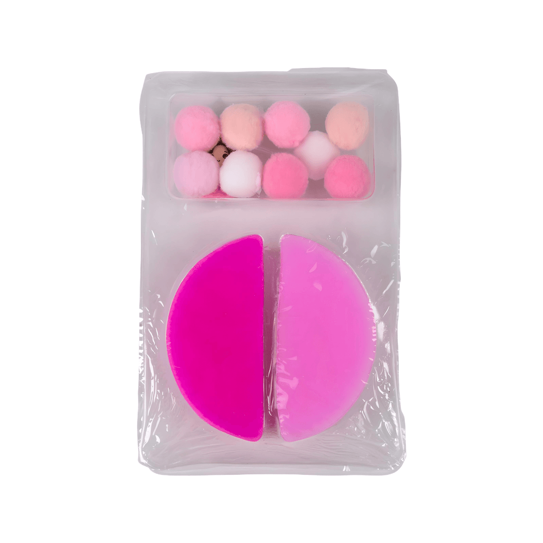 Squishy-Mix Princess Putty with pink putty and colorful pom poms in a transparent package for sensory play.