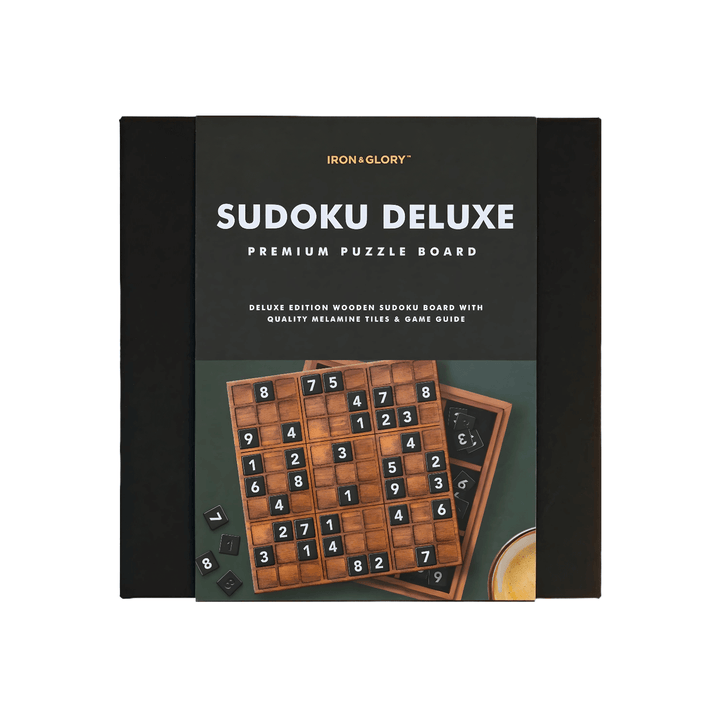 Sudoku Deluxe XL premium wooden puzzle board featuring melamine tiles and game guide for effortless gameplay.