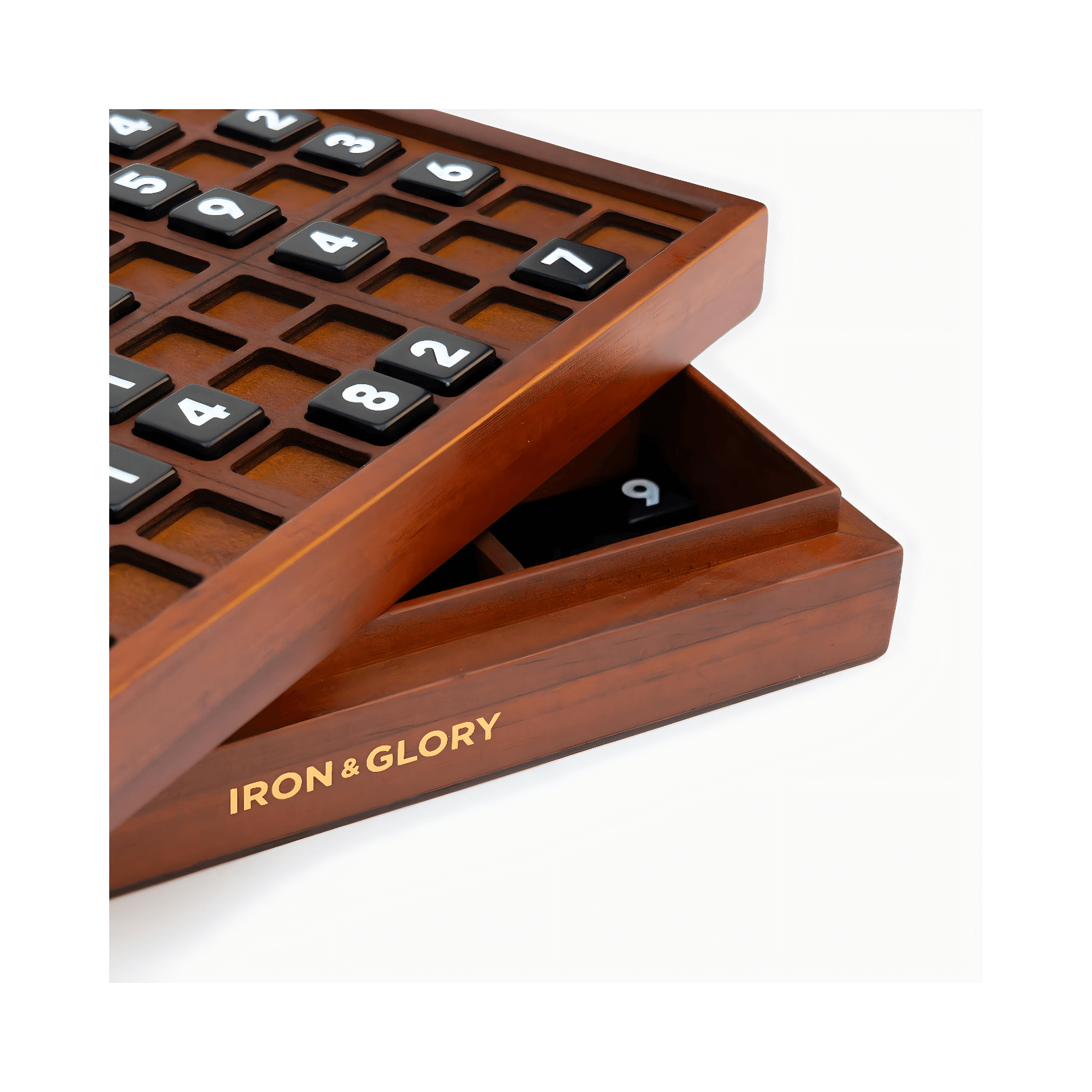 Elegant Sudoku Deluxe XL set with wooden grid and numbered tiles for a premium puzzle experience.