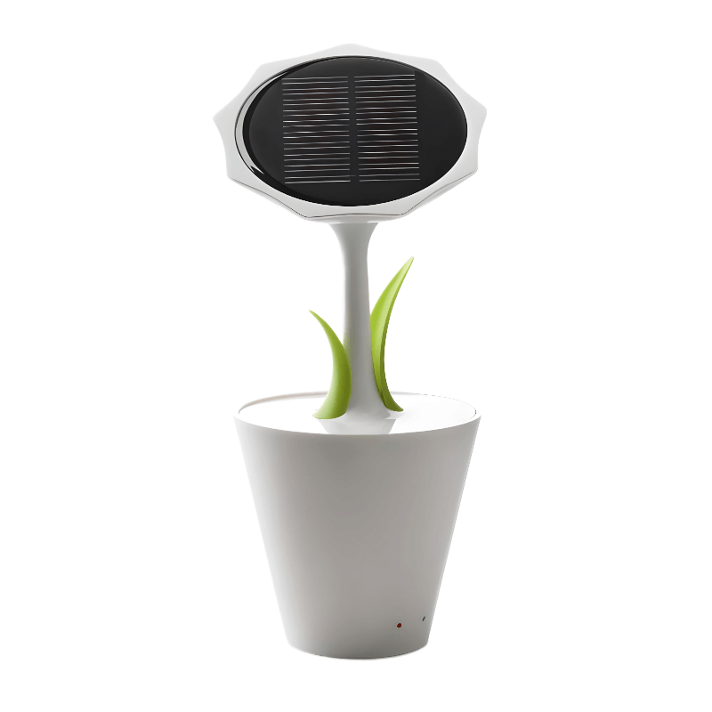 Sunflower Solar Charger with solar panel, green leaves, and rechargeable battery in a flower pot design.