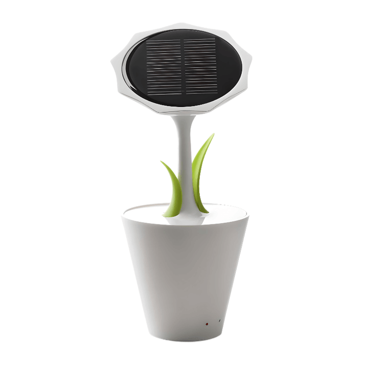 Sunflower Solar Charger with solar panel, green leaves, and rechargeable battery in a flower pot design.