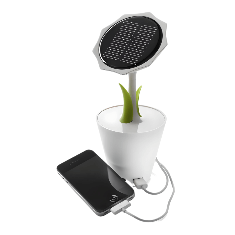 Sunflower Solar Charger with a solar panel, green leaves, and a USB output charging a smartphone.