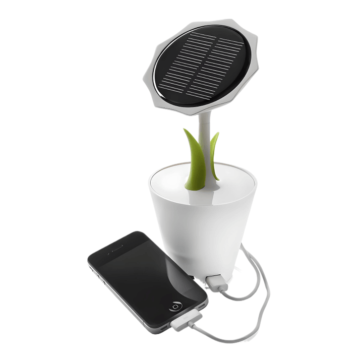 Sunflower Solar Charger with a solar panel, green leaves, and a USB output charging a smartphone.