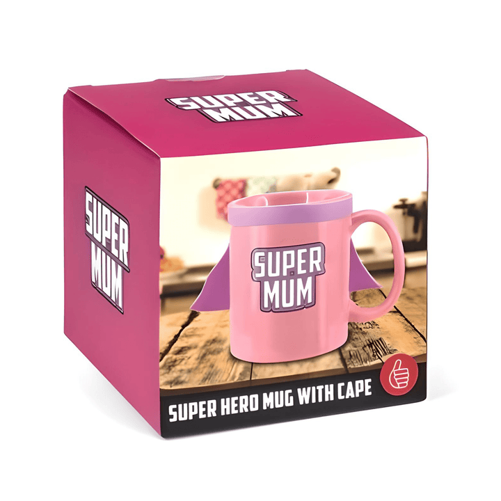 Super Mum Mug with Cape in a colorful box showcasing its playful design.