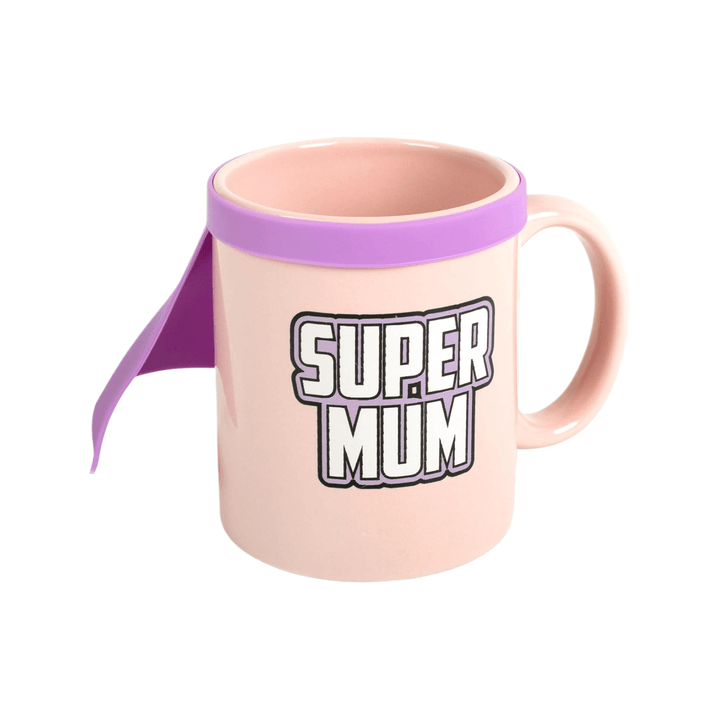 Super Mum Mug with Cape featuring a vibrant removable cape and bold 'SUPER MUM' design.