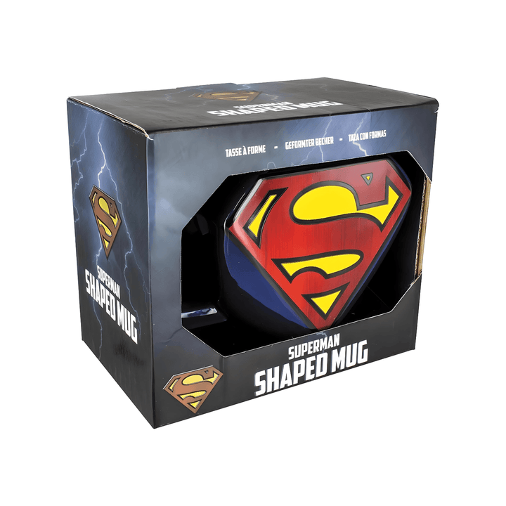 Superman Shaped Mug in a branded box featuring the iconic Superman logo and colors.