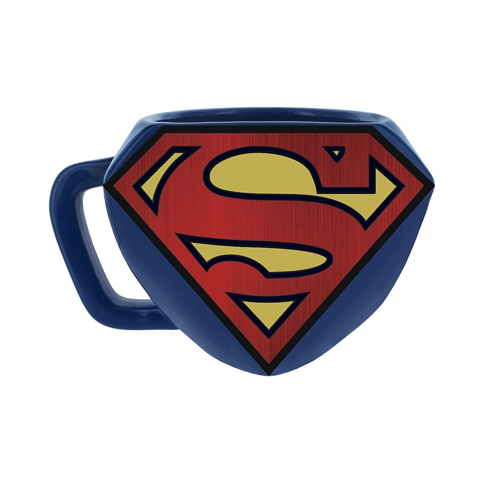 Superman Shaped Mug featuring the iconic red and yellow 'S' shield on a blue ceramic design.