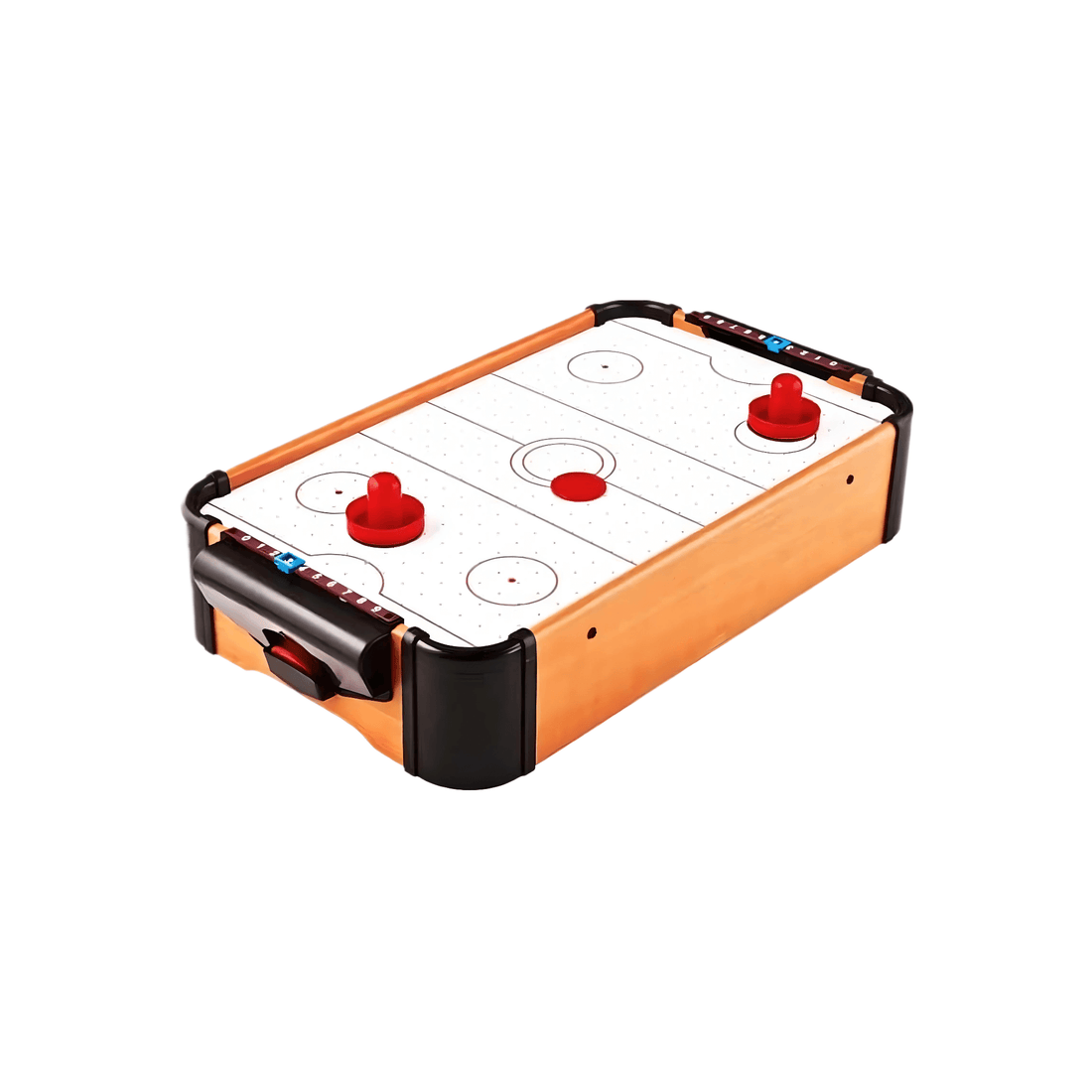 Tabletop Air Hockey Game with wooden frame, red paddles, puck, score counters, and compact tabletop playing surface.