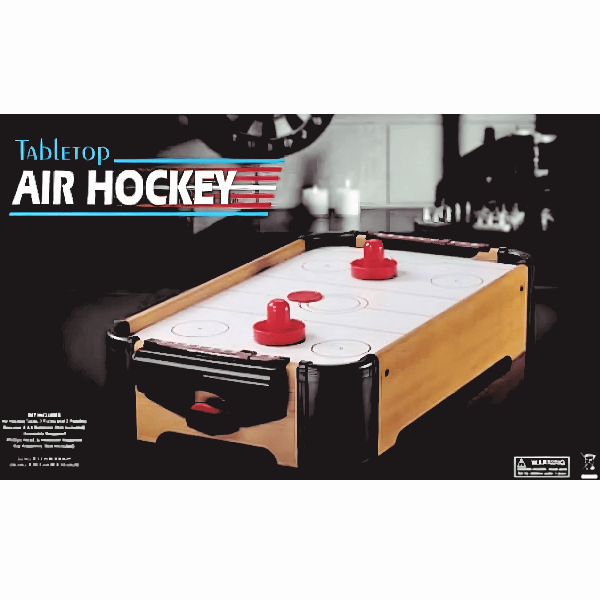 Tabletop Air Hockey Game shown in retail packaging with wooden frame, red paddles, puck, and tabletop rink design.