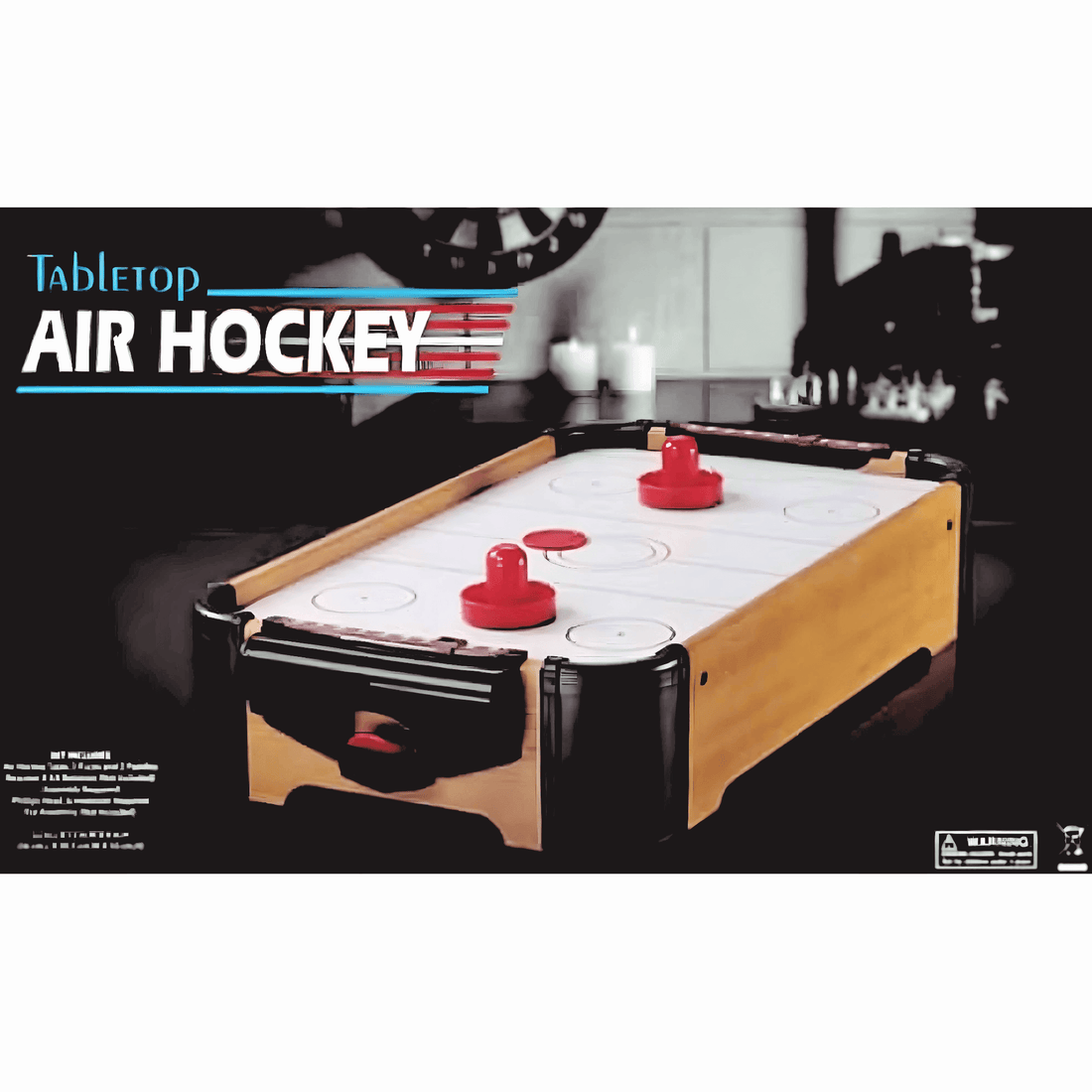 Tabletop Air Hockey Game shown in retail packaging with wooden frame, red paddles, puck, and tabletop rink design.