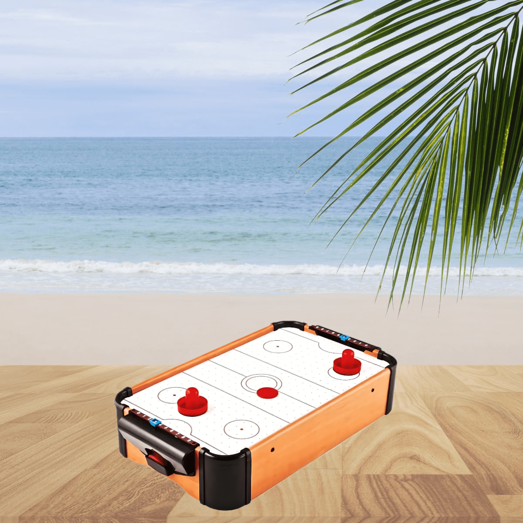 Tabletop Air Hockey Game with wooden frame, red paddles and puck displayed on a table with a beach background.