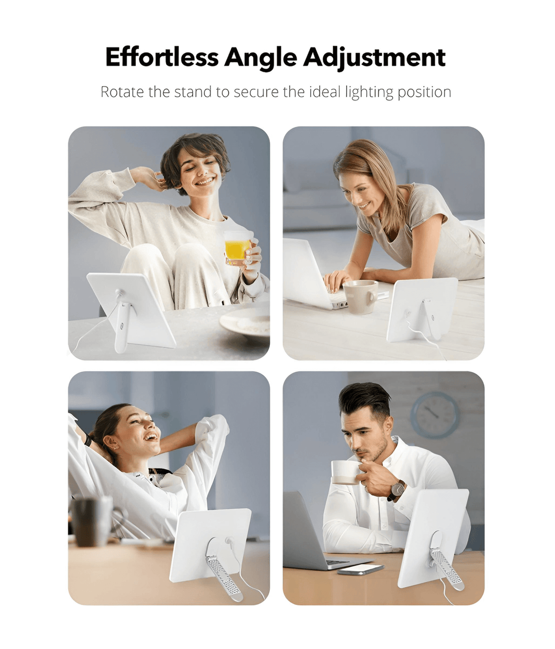 People adjusting the TaoTronics Light Therapy Lamp for optimal lighting in various settings.