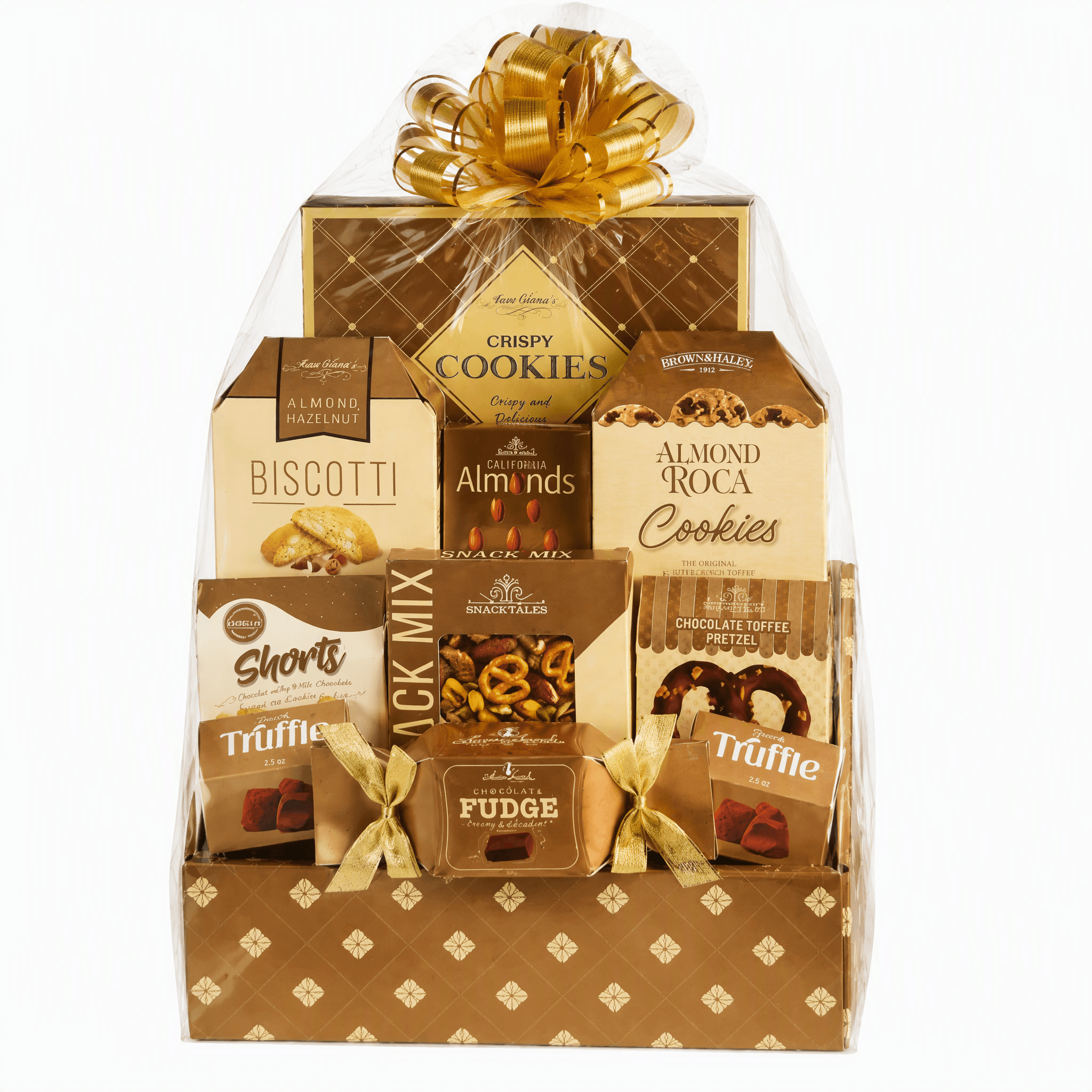 Tasteful Temptations Gourmet Gift Basket filled with biscotti, cookies, fudge, and snacks, elegantly packaged.